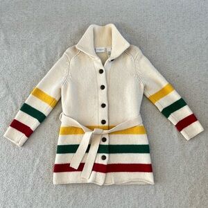 Liz Claiborne Vtg lambs wool blend tie waist sweater, Hudson Bay stripe design